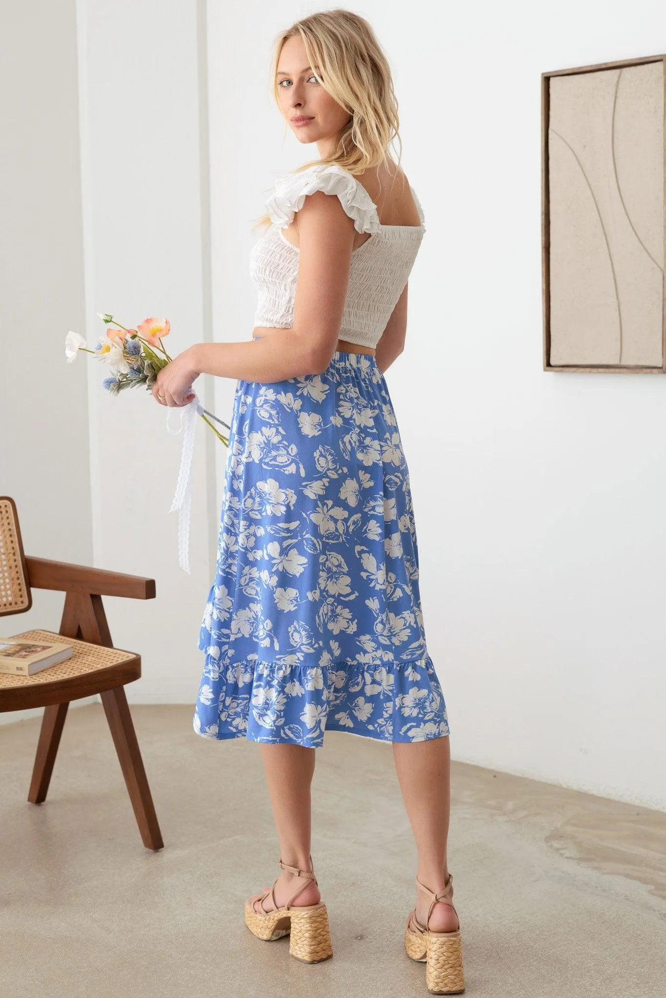 Boho Floral Front High Low Ruffle Hem Midi Skirt