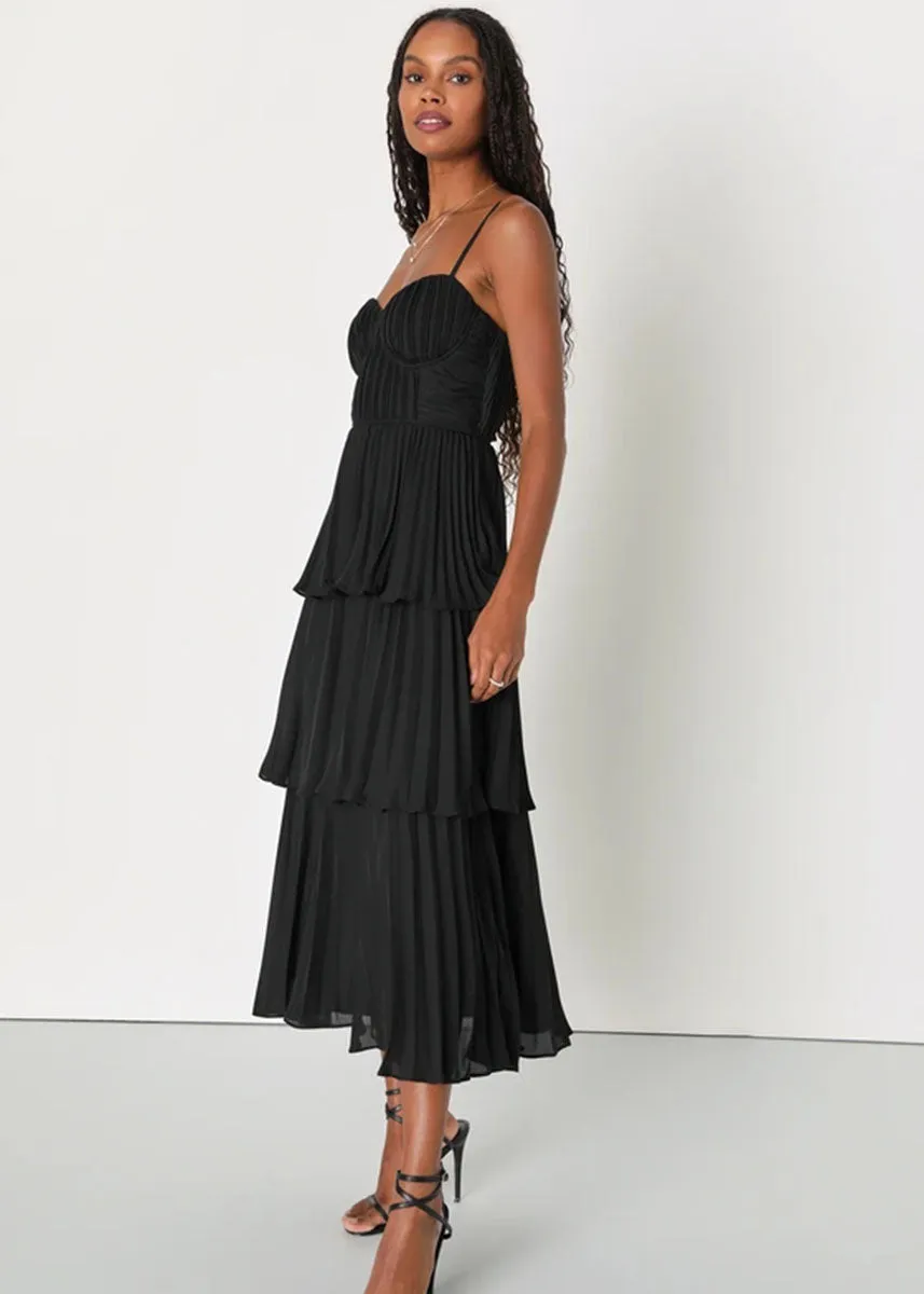 Cascading Crush Tiered Bustier Midi Dress - Black