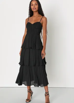 Cascading Crush Tiered Bustier Midi Dress - Black