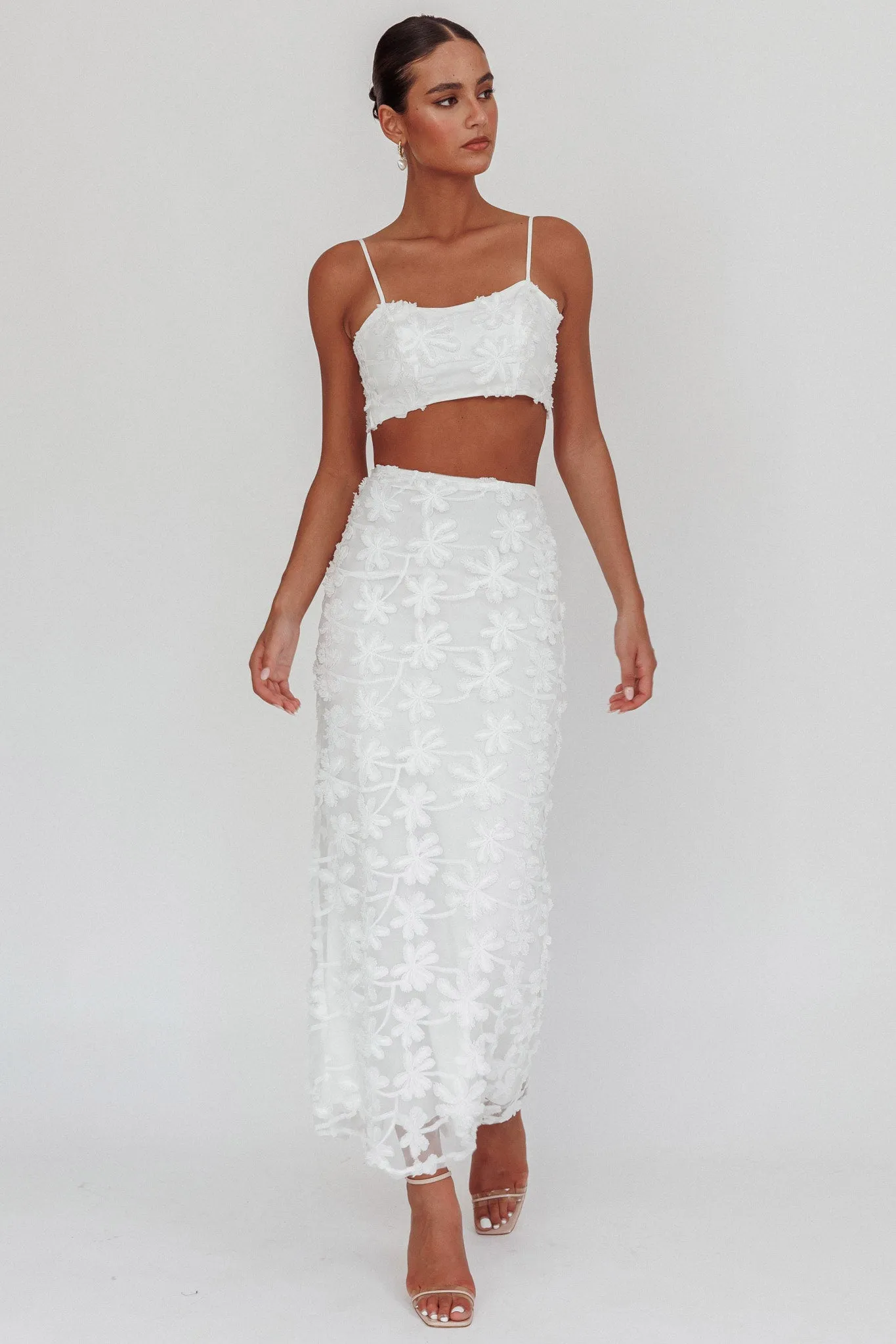 Casi Tied Back Crop Top Embroidered White