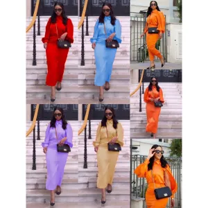 Casual Split Long Sleeve Top And Midi Skirt Set.