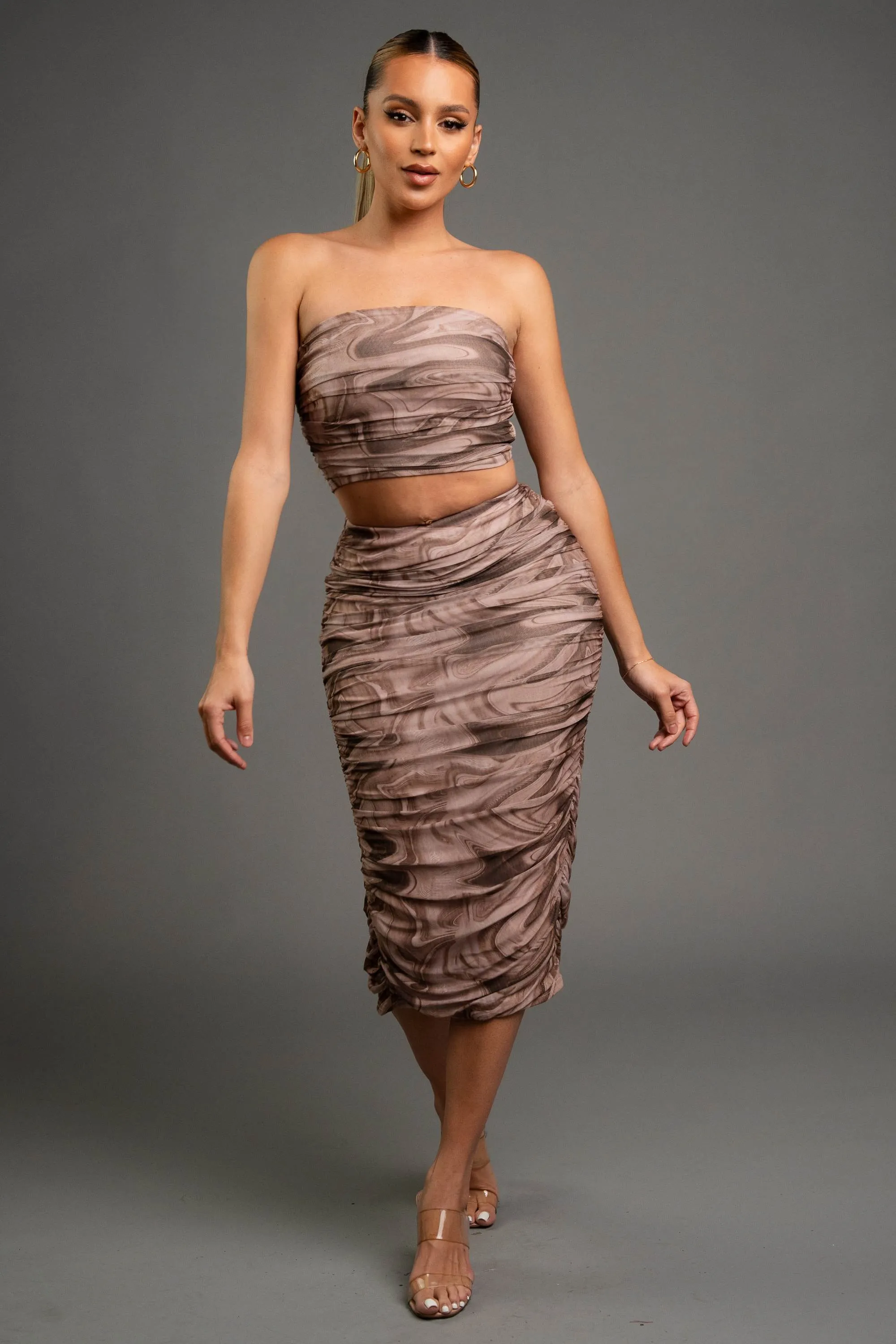 CHIC MARBLE PRINT MESH TUBE TOP & MIDI SKIRT SETS