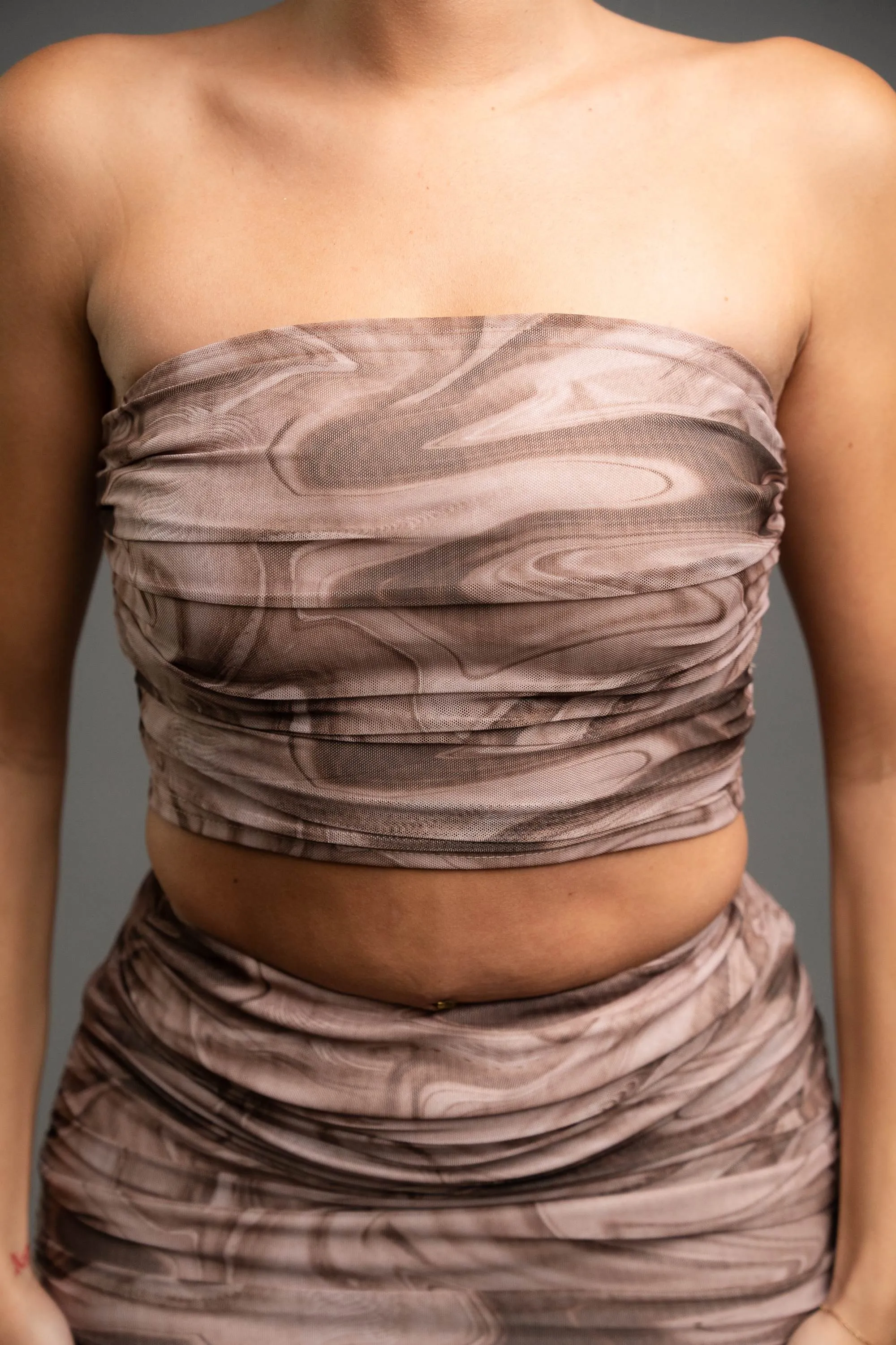 CHIC MARBLE PRINT MESH TUBE TOP & MIDI SKIRT SETS