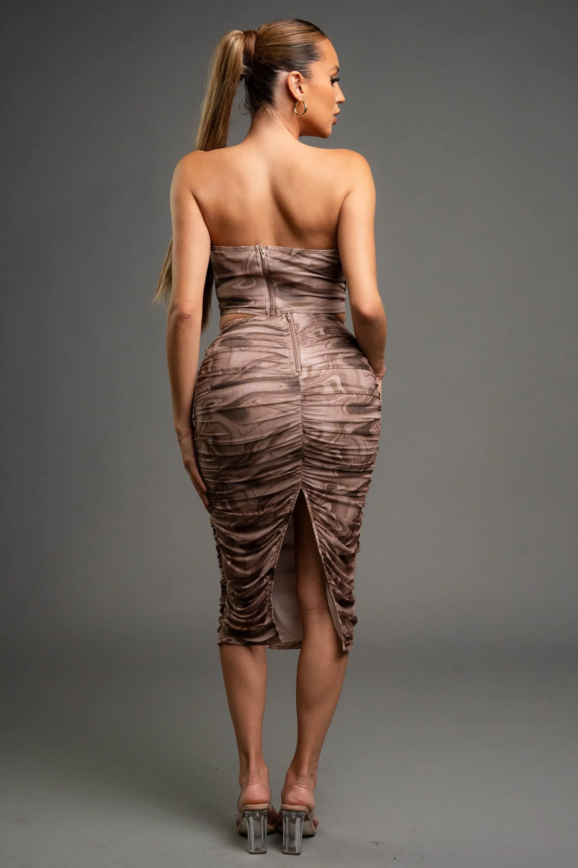 CHIC MARBLE PRINT MESH TUBE TOP & MIDI SKIRT SETS