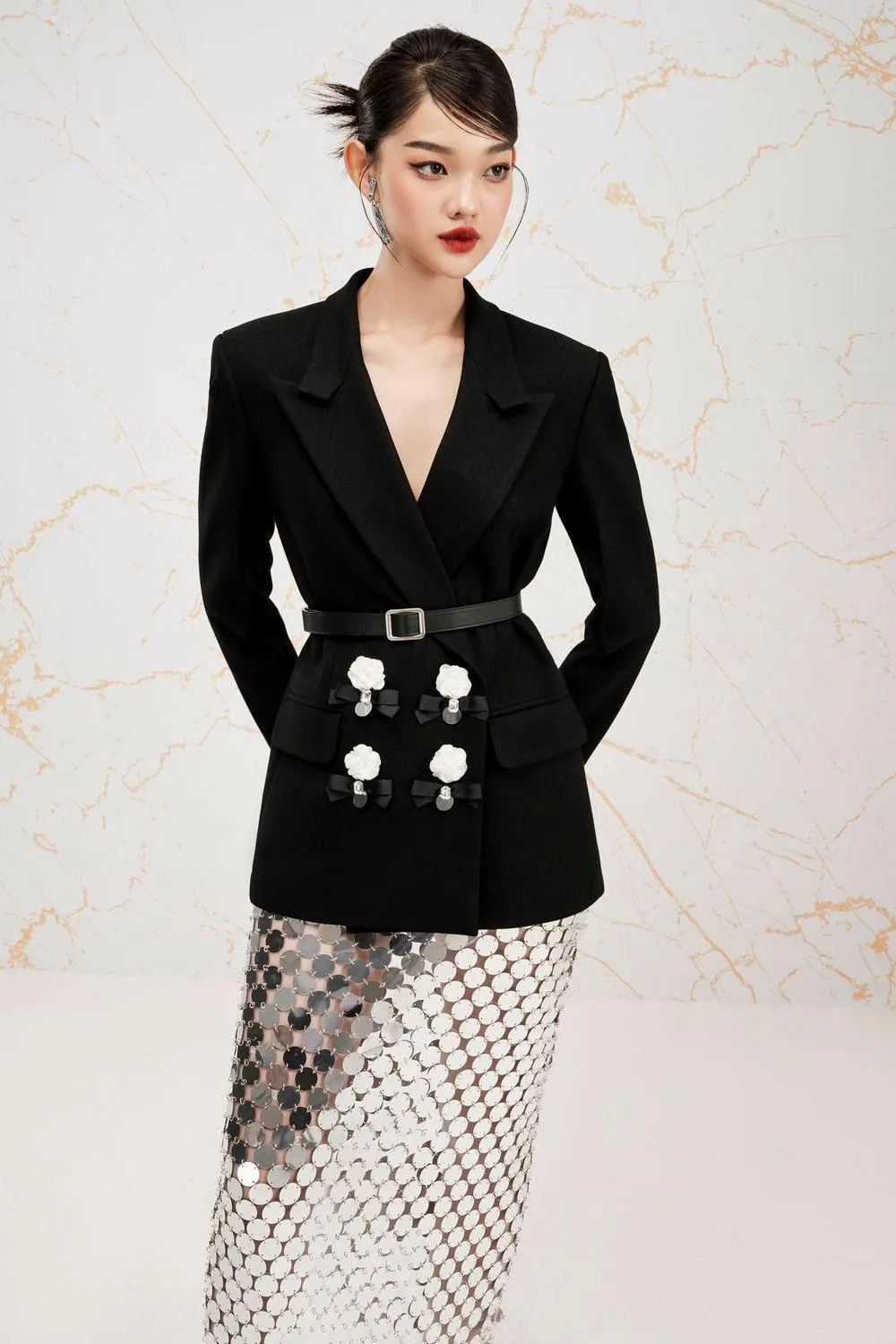 Crystal Straight See-Through Crystal Bead Midi Skirt