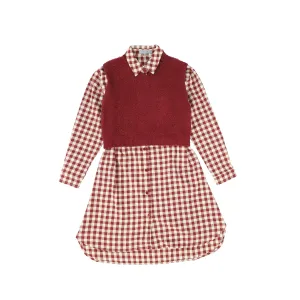 dress shirt style gingham with knit vest - red