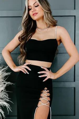 Elegant Occasions Padded Rhinestone Strap Crop Top (Black)