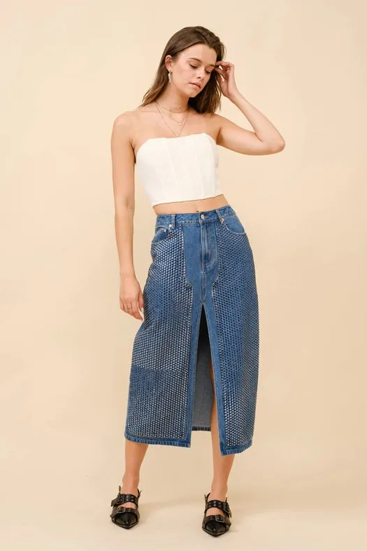 Embellished Stone Slit Midi Denim Skirt