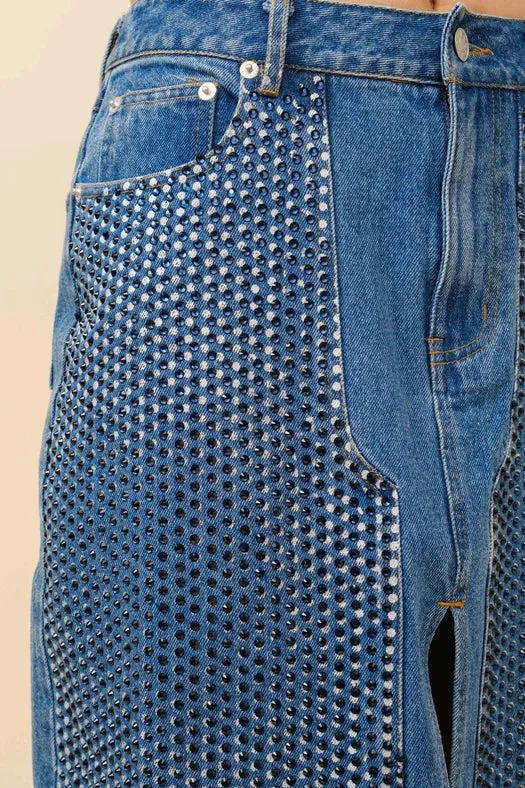 Embellished Stone Slit Midi Denim Skirt