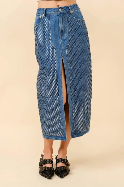 Embellished Stone Slit Midi Denim Skirt