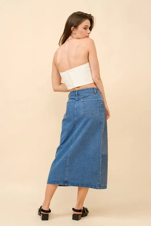 Embellished Stone Slit Midi Denim Skirt