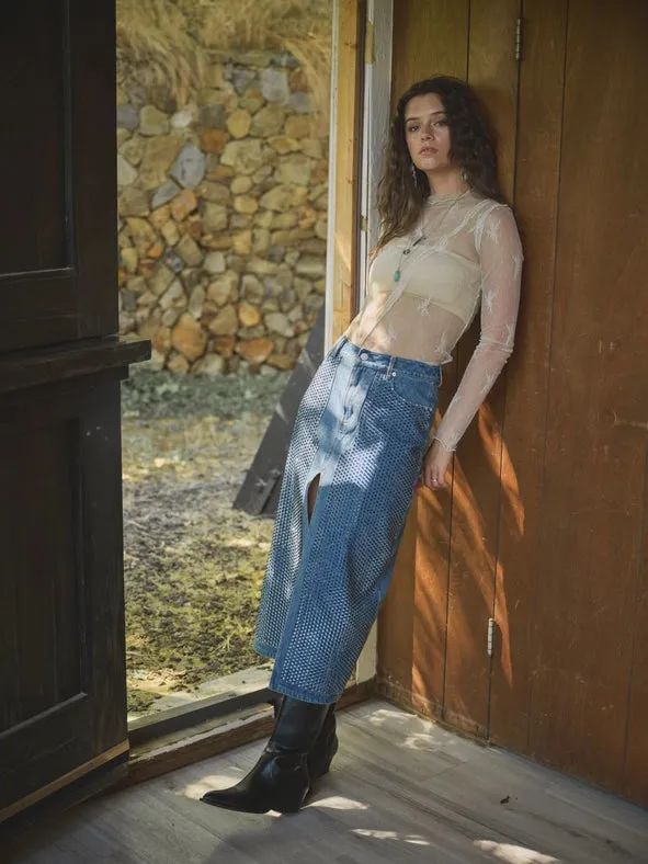 Embellished Stone Slit Midi Denim Skirt