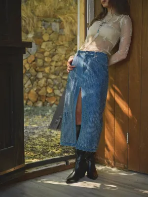 Embellished Stone Slit Midi Denim Skirt