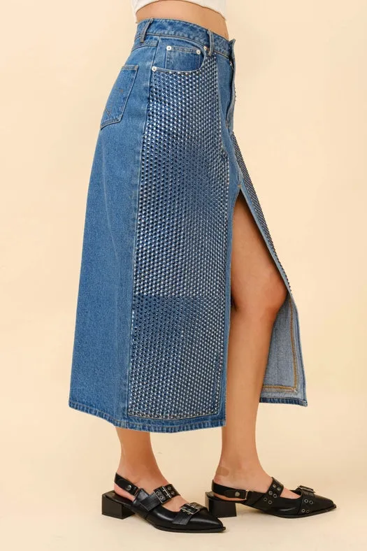 Embellished Stone Slit Midi Denim Skirt