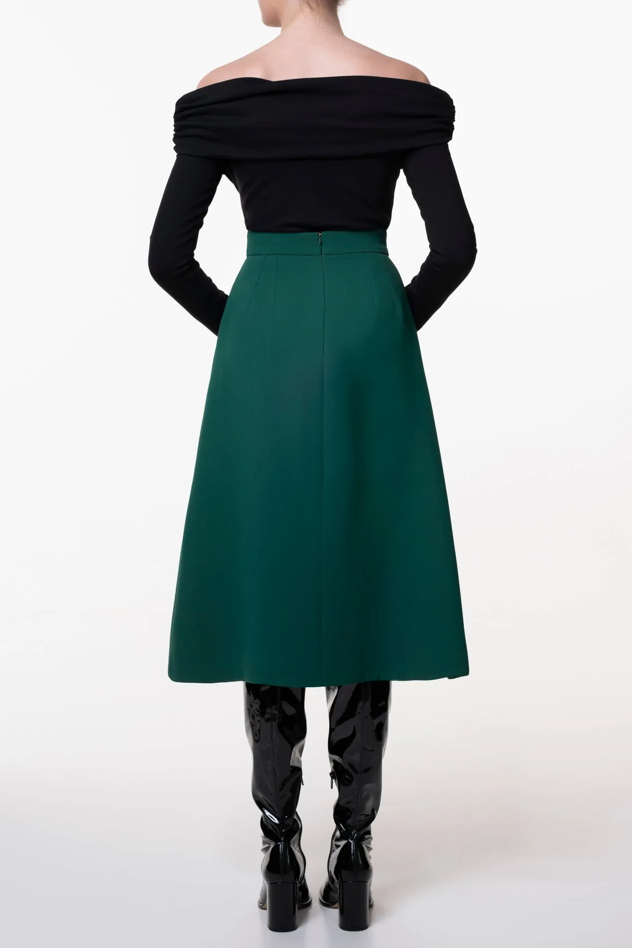 Emerald Crepe Midi Skirt With Golden Front Buttons