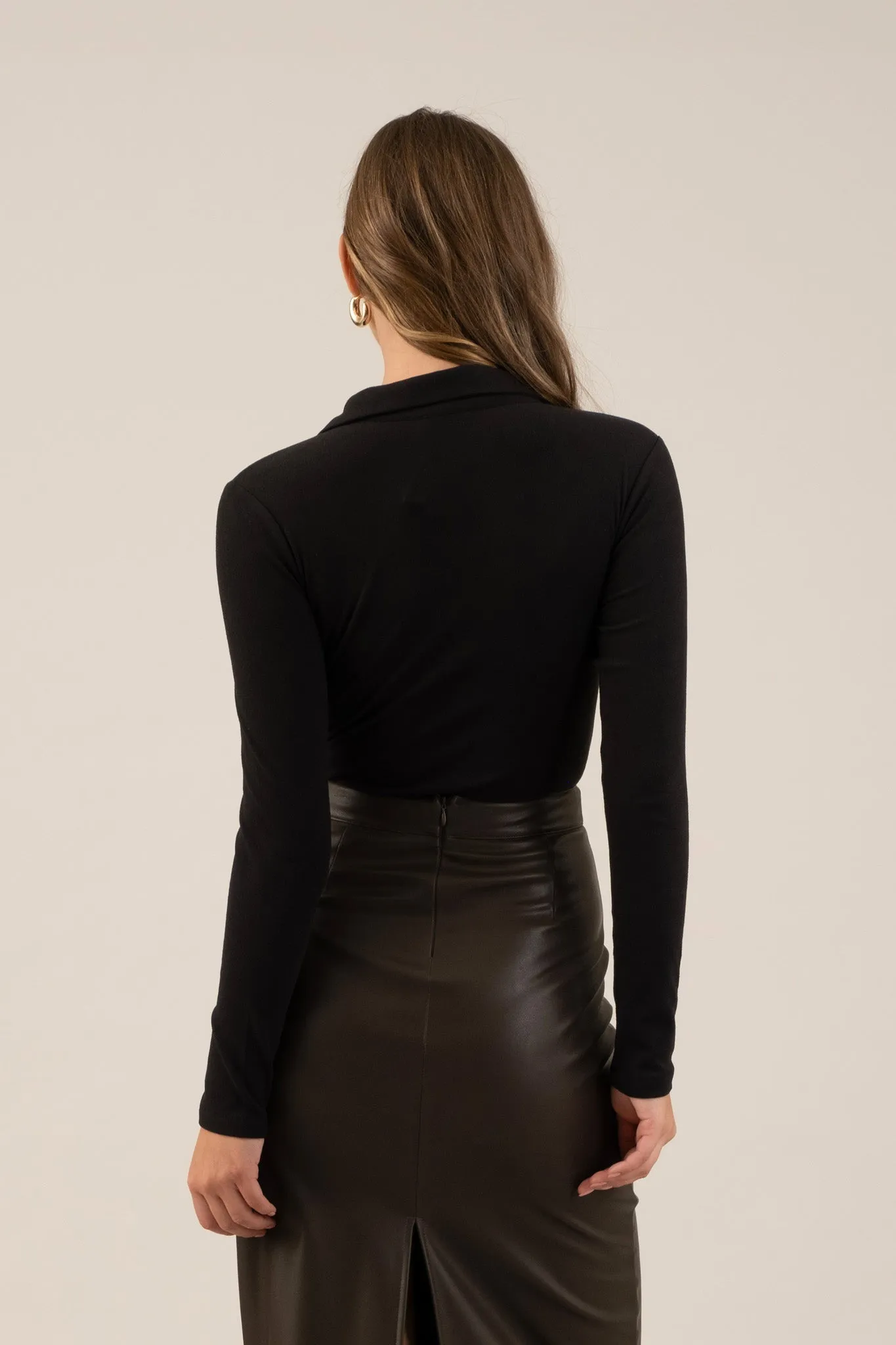 FAUX LEATHER BACK SLIT MIDI SKIRT