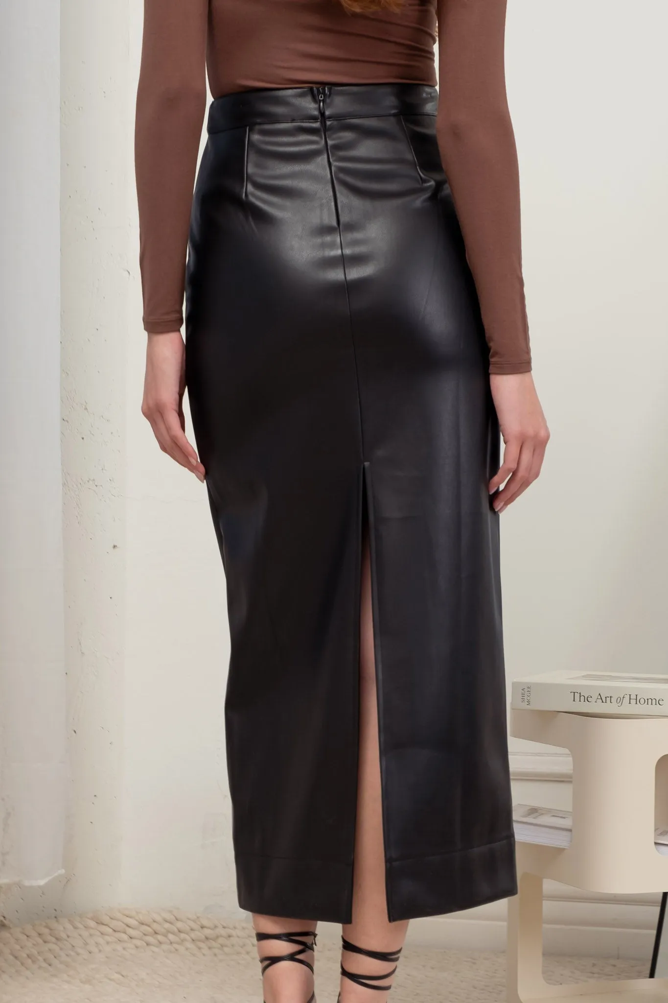 FAUX LEATHER BACK SLIT MIDI SKIRT
