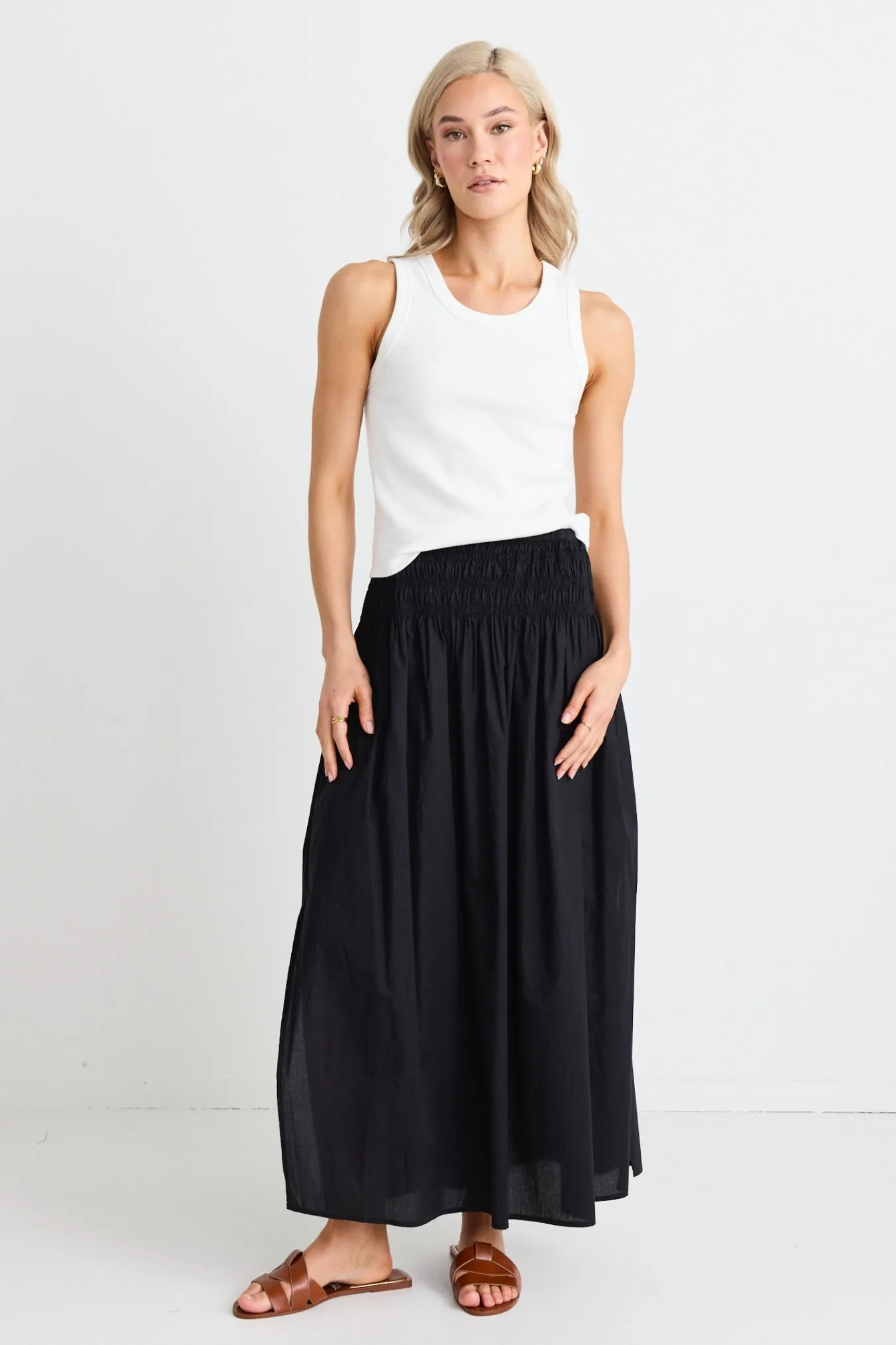 Finch Black Cotton Shirred Waist Maxi Skirt