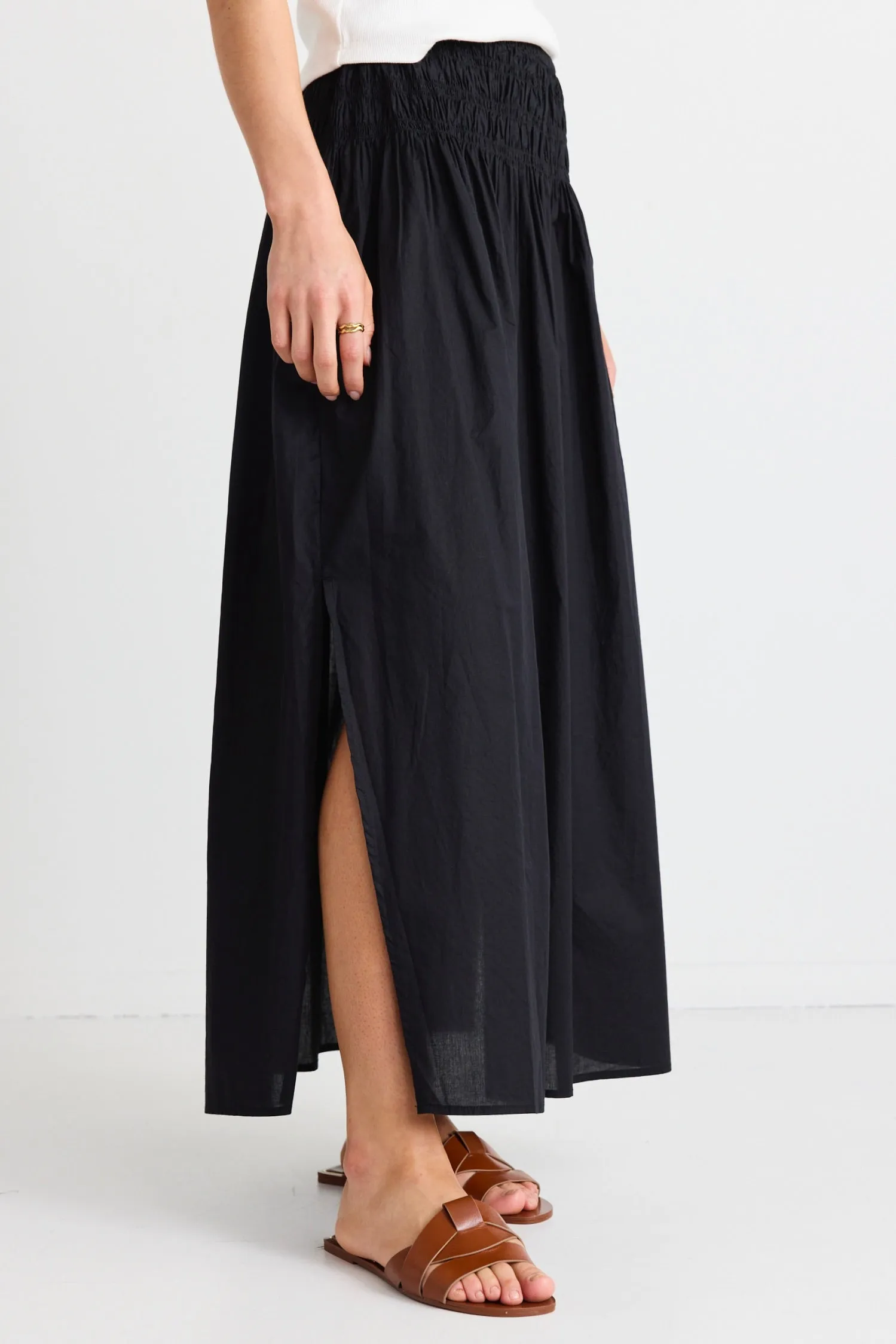 Finch Black Cotton Shirred Waist Maxi Skirt