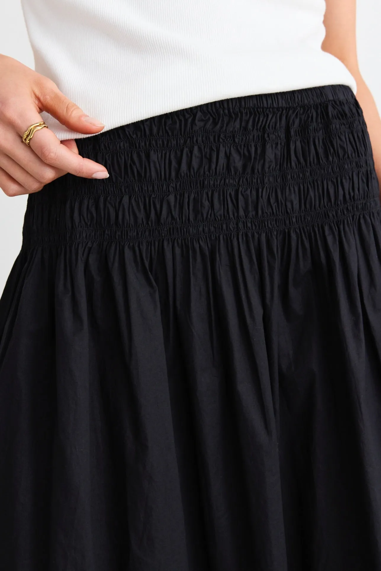 Finch Black Cotton Shirred Waist Maxi Skirt