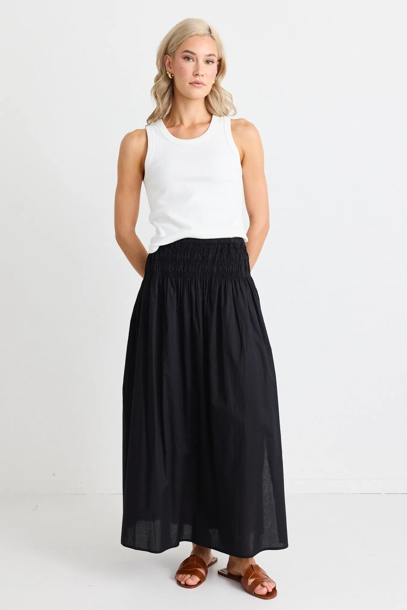 Finch Black Cotton Shirred Waist Maxi Skirt