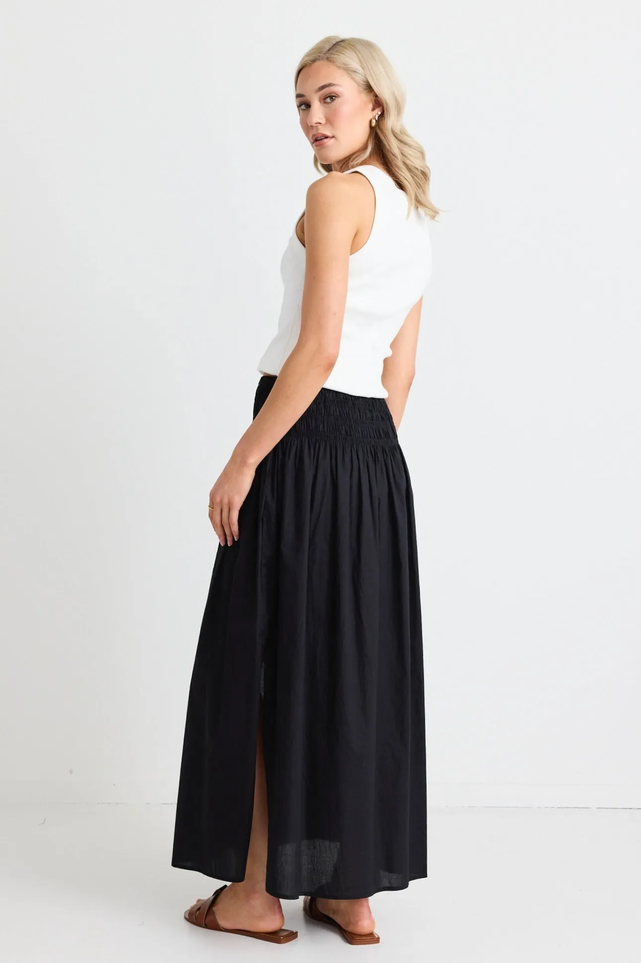 Finch Black Cotton Shirred Waist Maxi Skirt