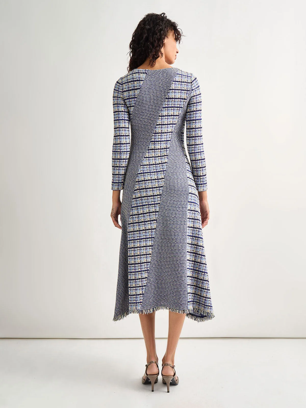Fit-and-Flare Multi-Stitch Tweed Maxi Dress
