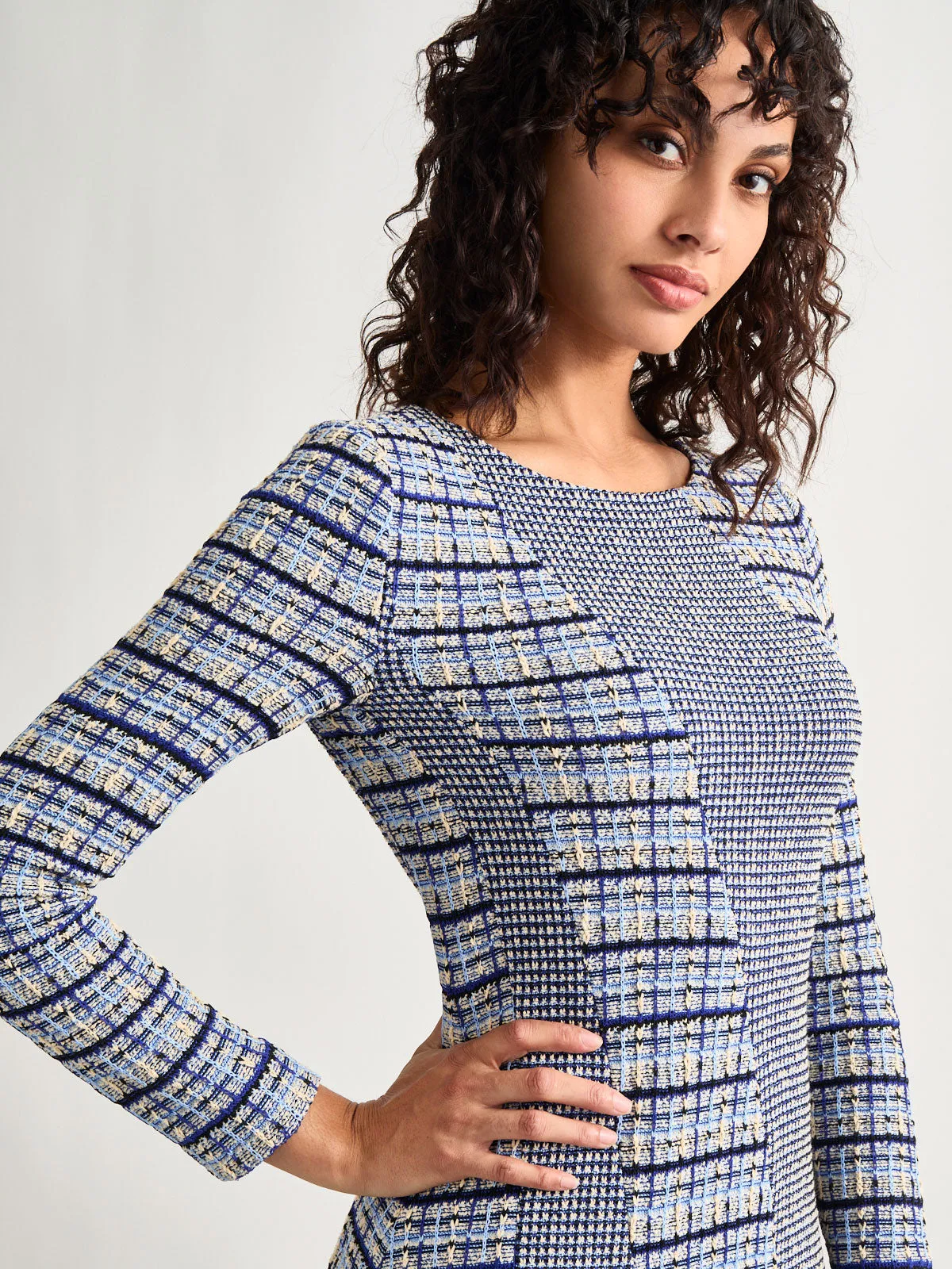 Fit-and-Flare Multi-Stitch Tweed Maxi Dress