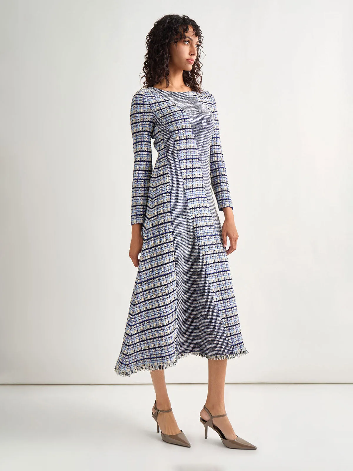 Fit-and-Flare Multi-Stitch Tweed Maxi Dress