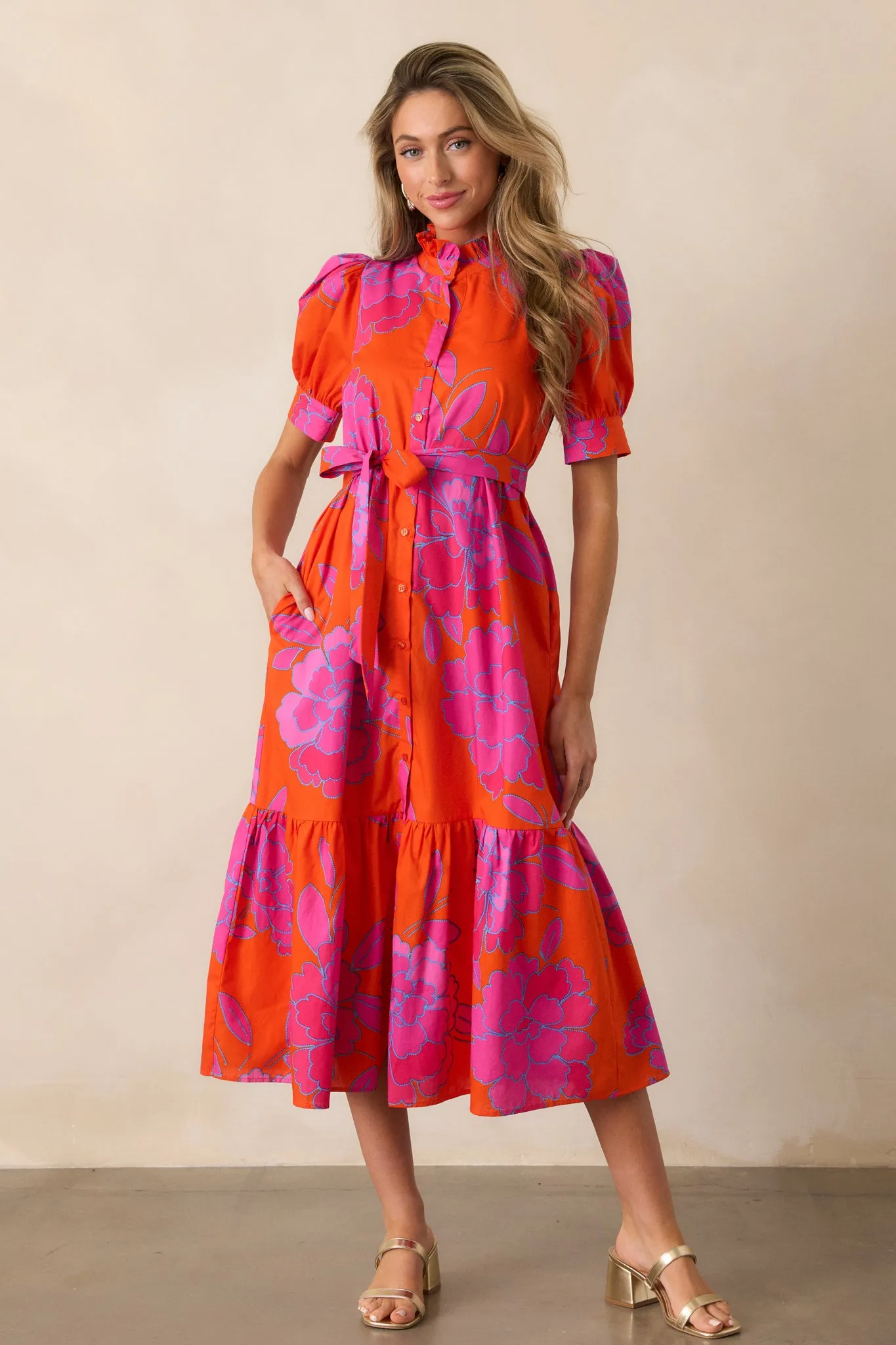 Free To Fly 100% Cotton Orange Floral Button Front Midi Dress