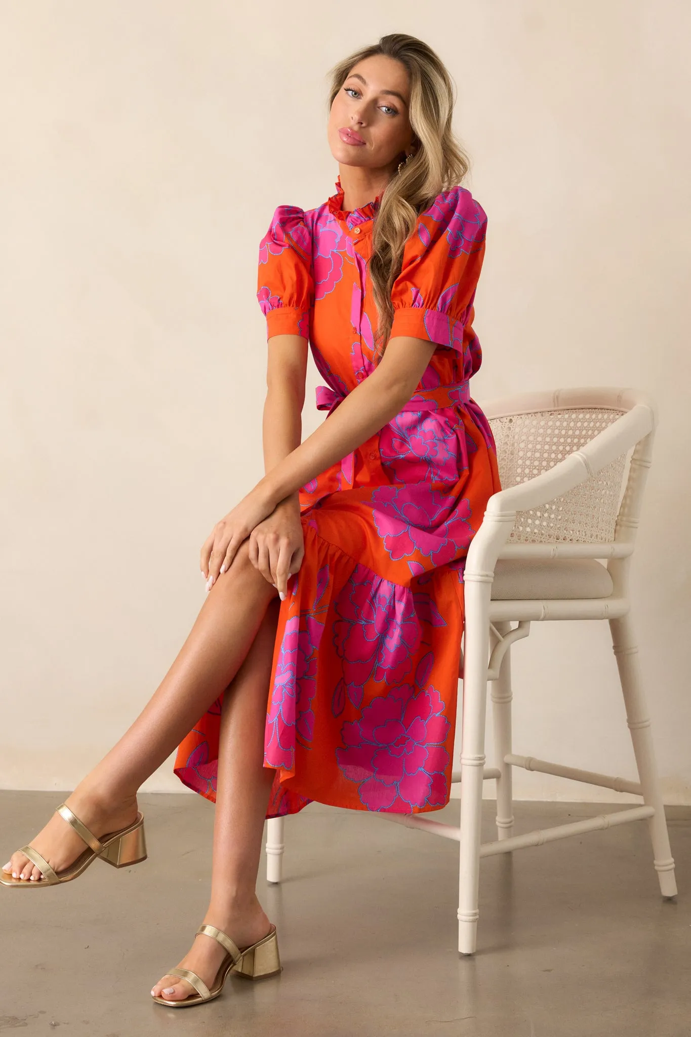 Free To Fly 100% Cotton Orange Floral Button Front Midi Dress
