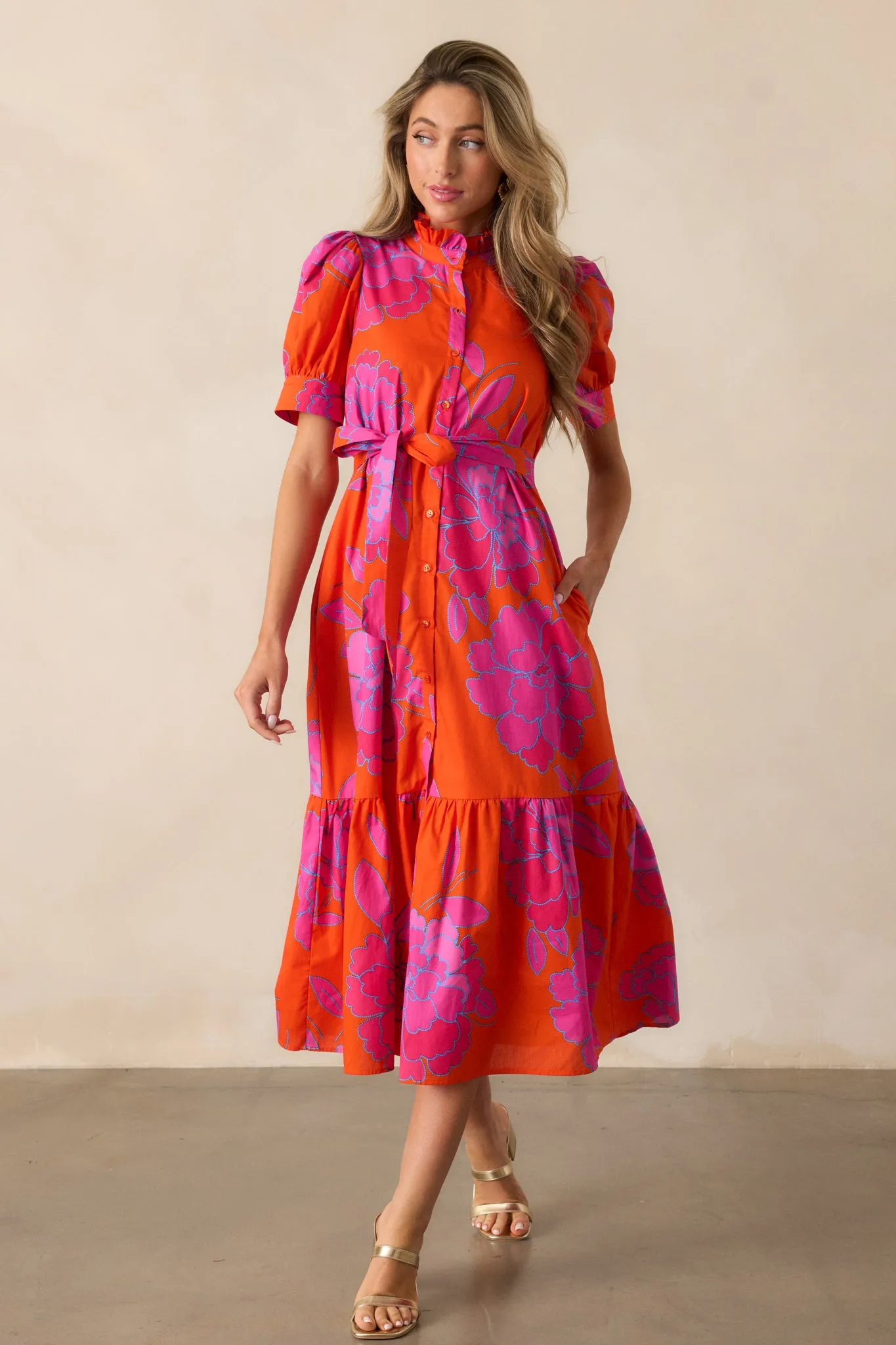 Free To Fly 100% Cotton Orange Floral Button Front Midi Dress