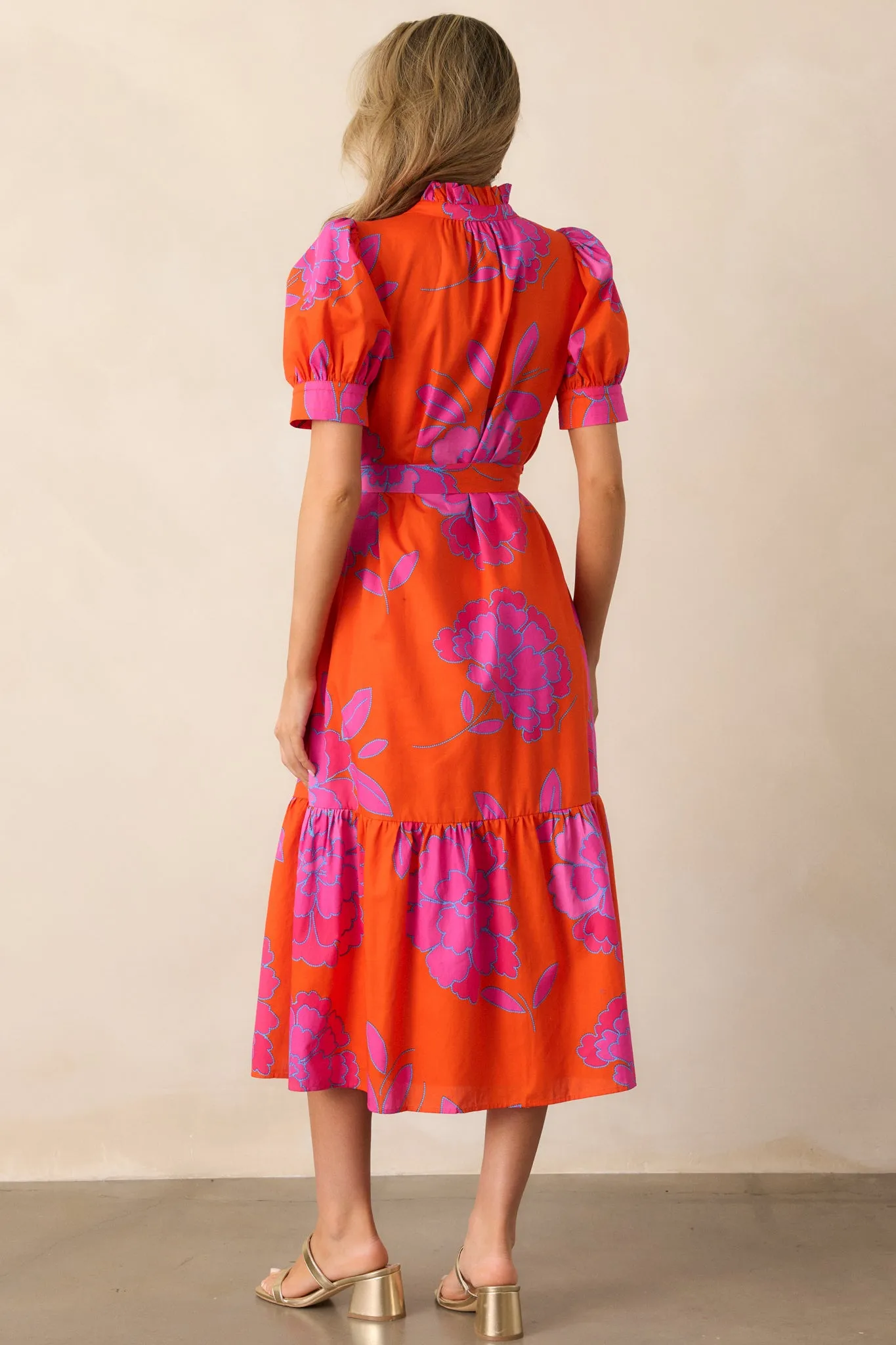 Free To Fly 100% Cotton Orange Floral Button Front Midi Dress