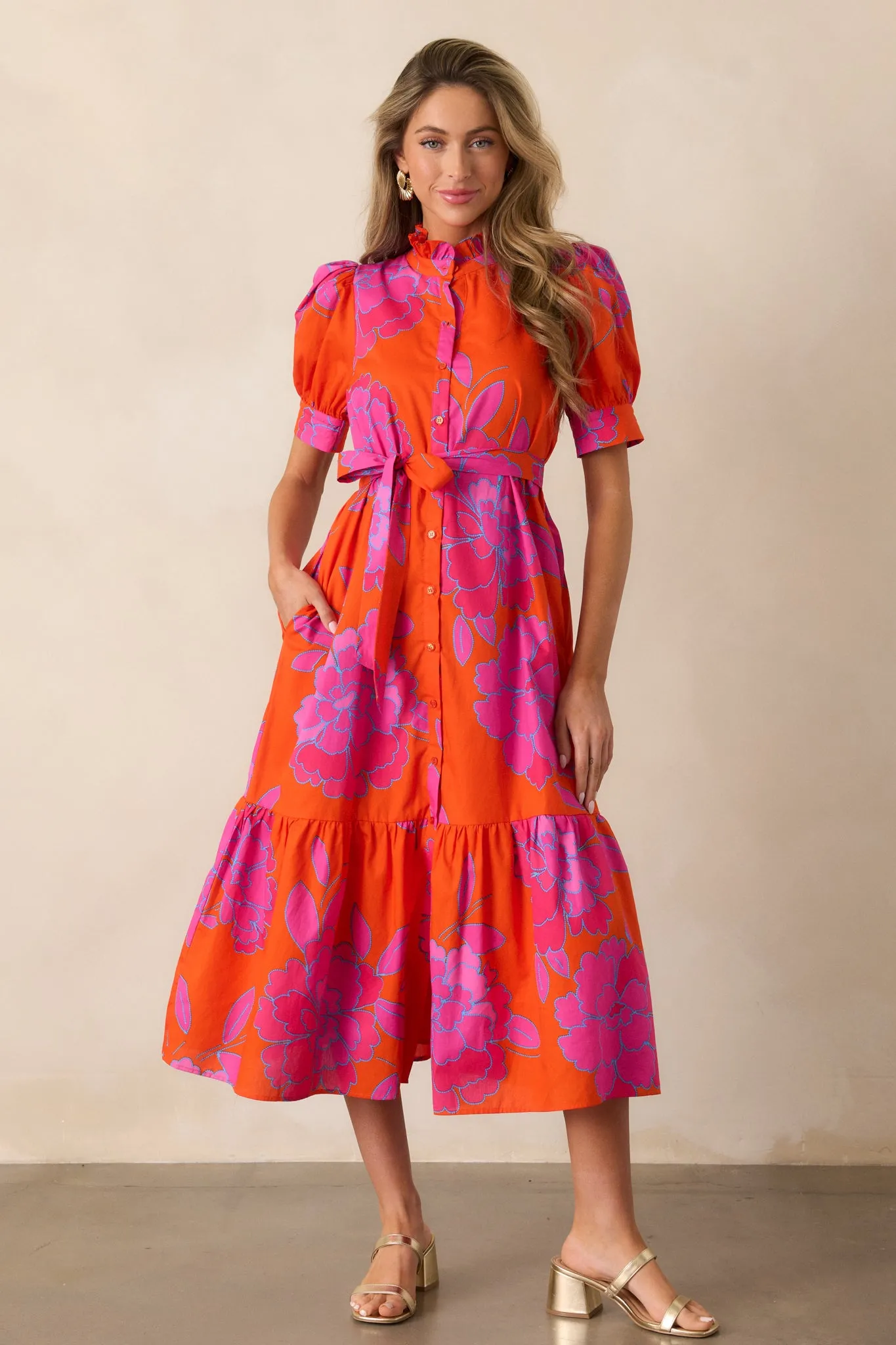 Free To Fly 100% Cotton Orange Floral Button Front Midi Dress