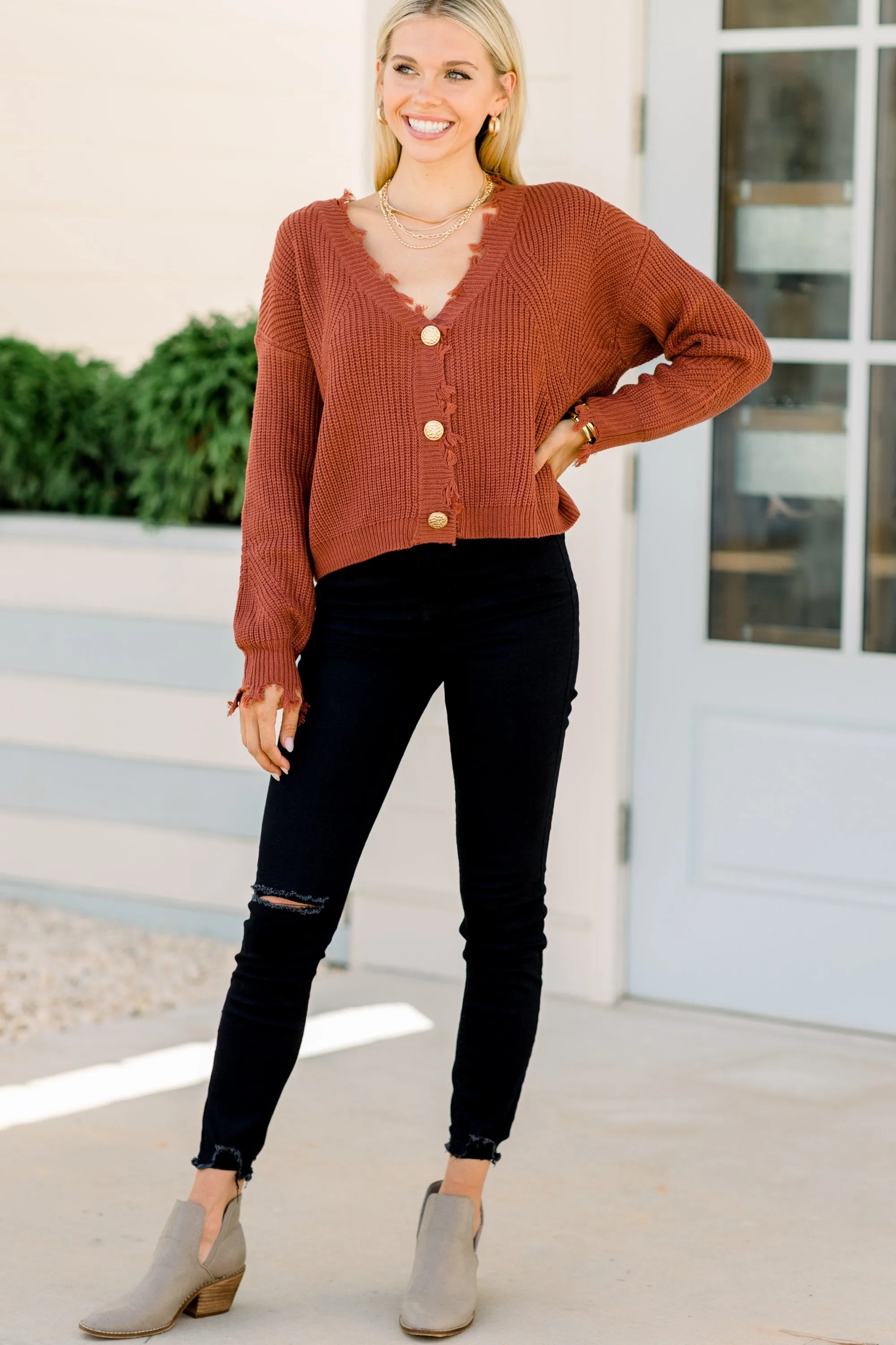 Fresh New Start Marsala Red Frayed Cardigan