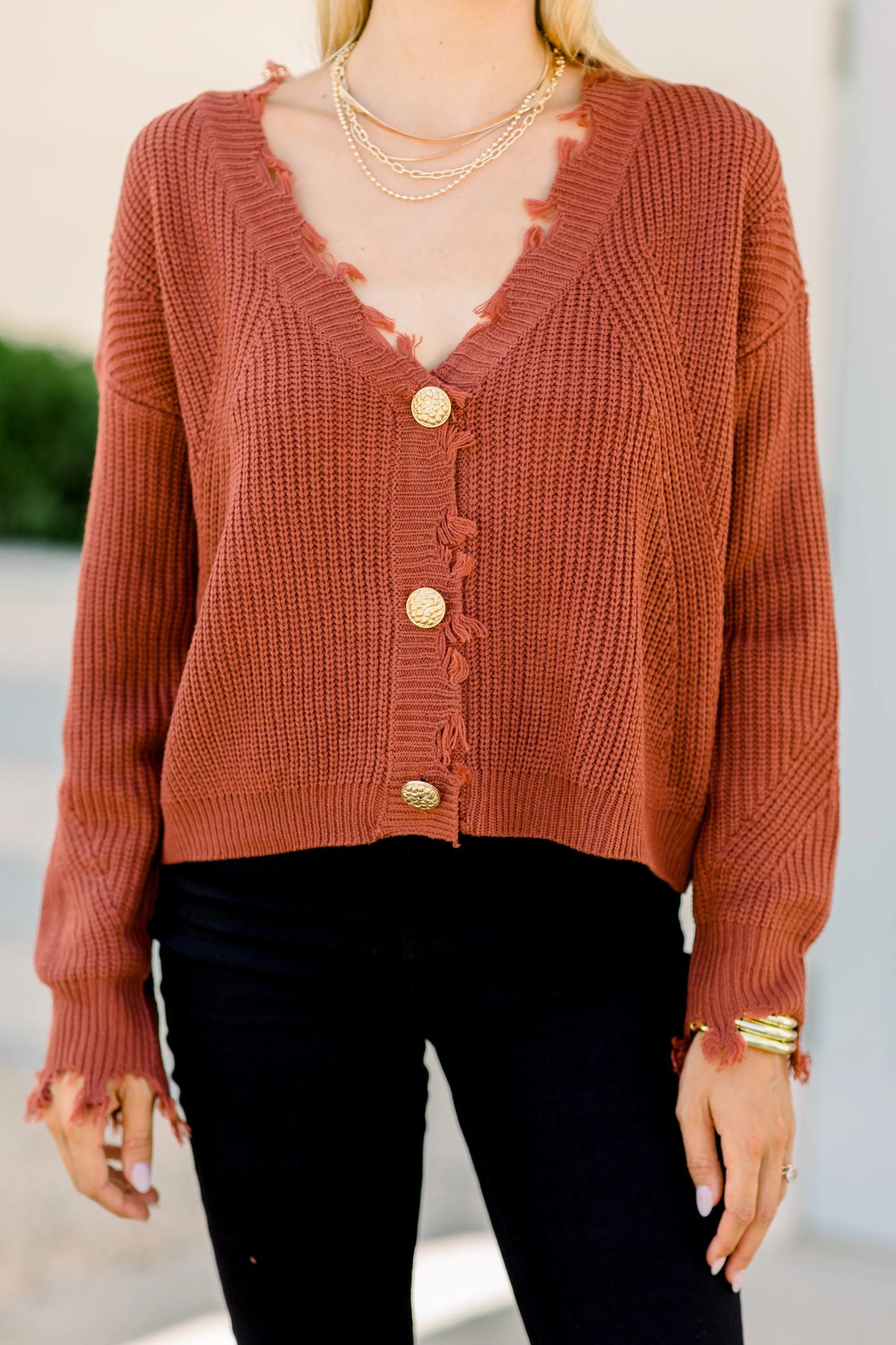 Fresh New Start Marsala Red Frayed Cardigan