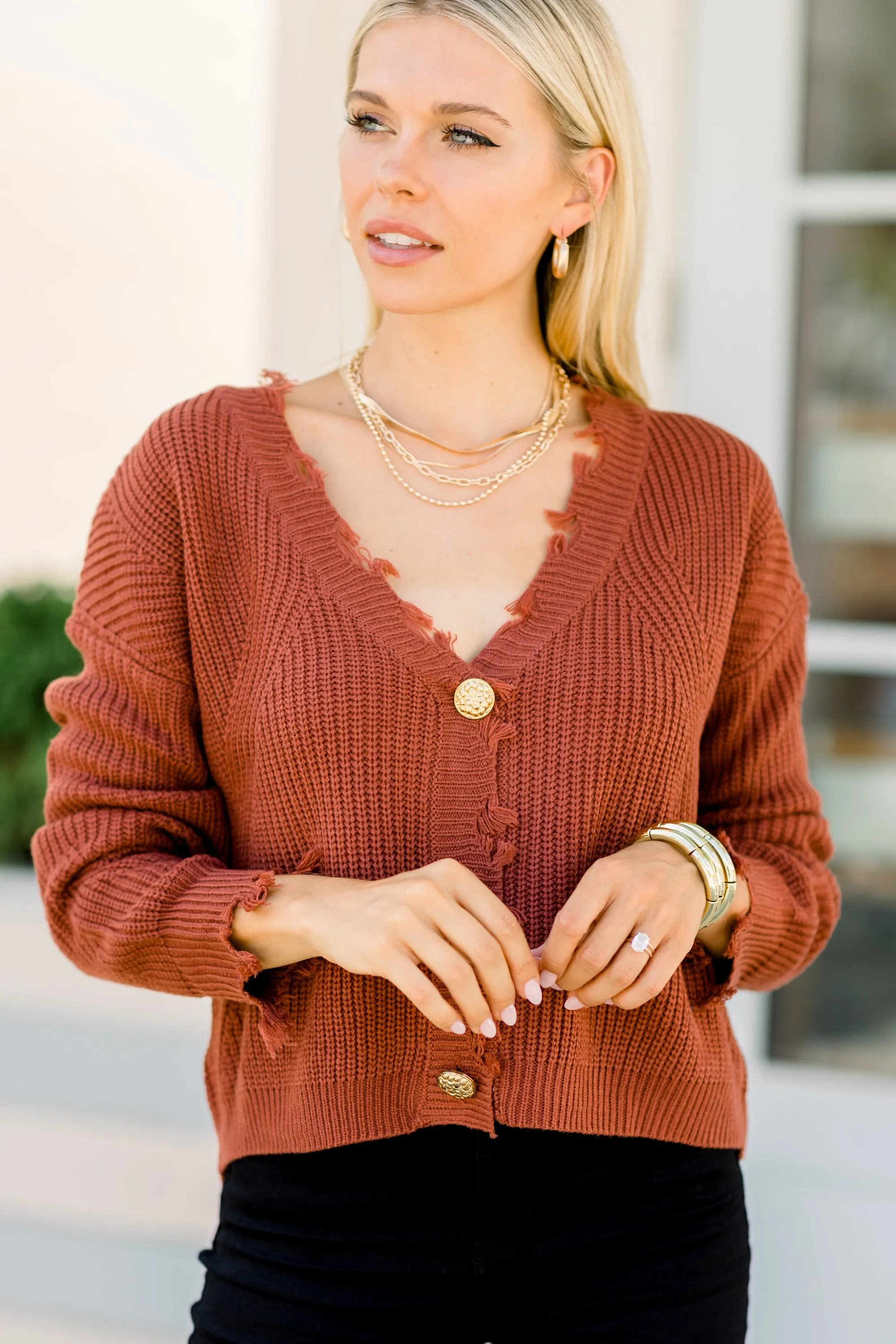 Fresh New Start Marsala Red Frayed Cardigan