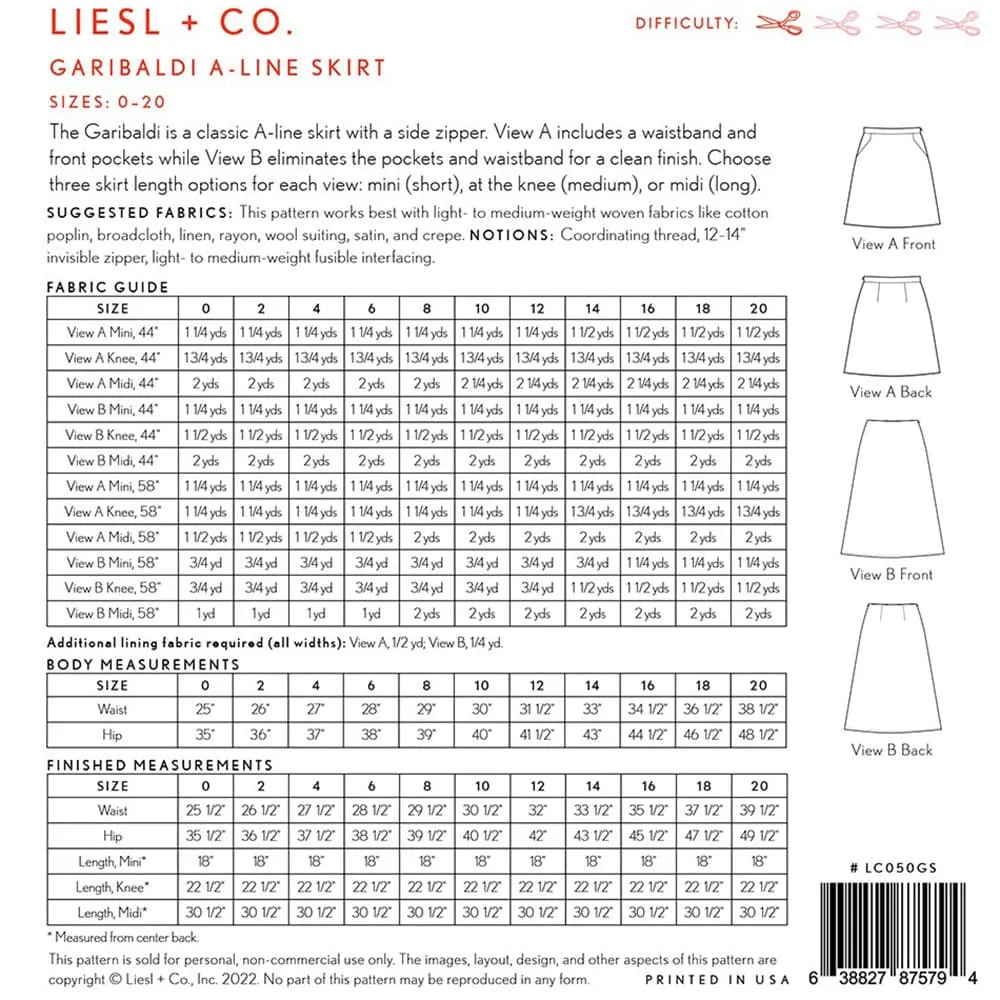 Garibaldi A-Line Skirt Pattern, Liesl & Co.