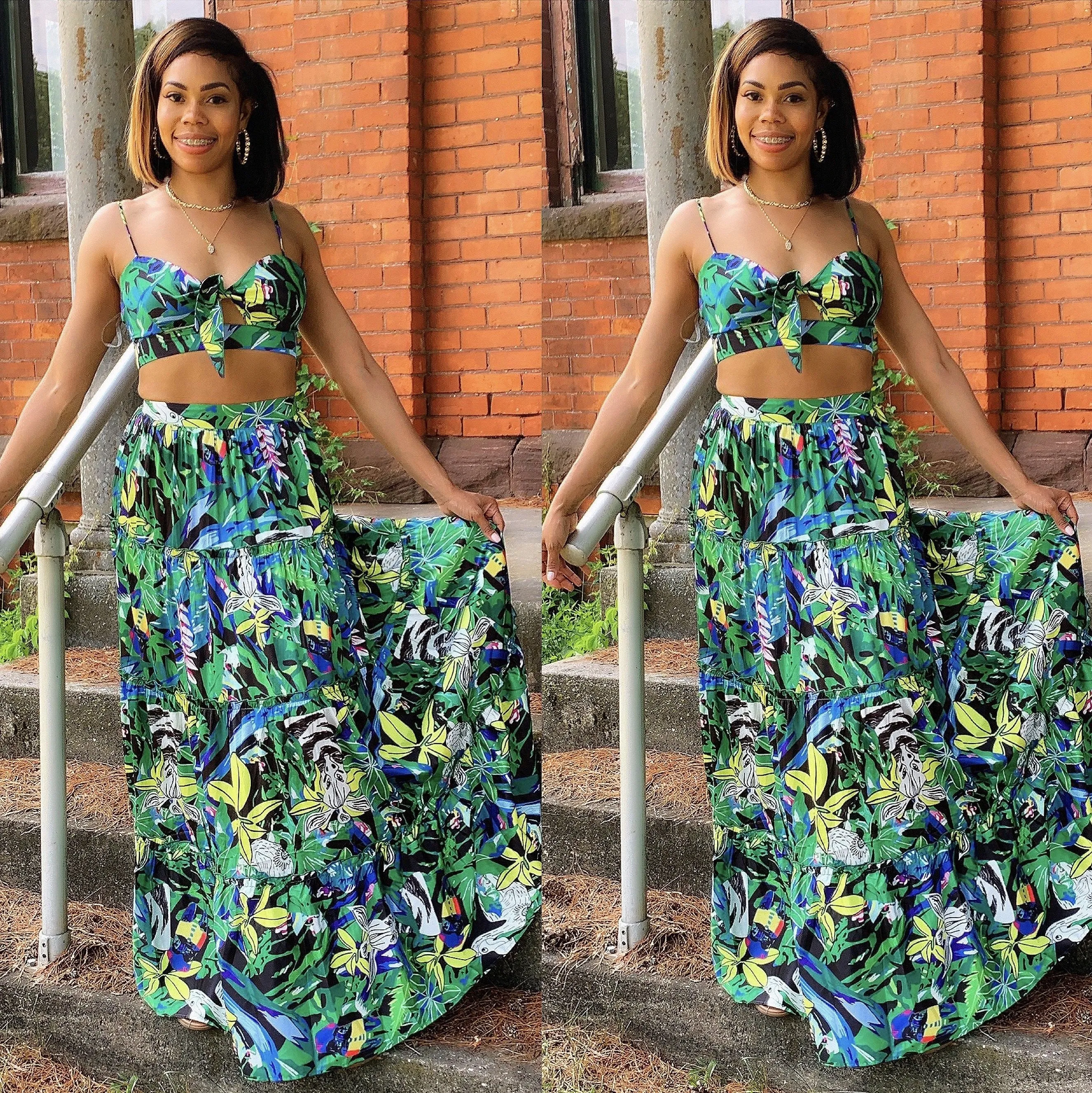 Green Forest Print Skirt Set