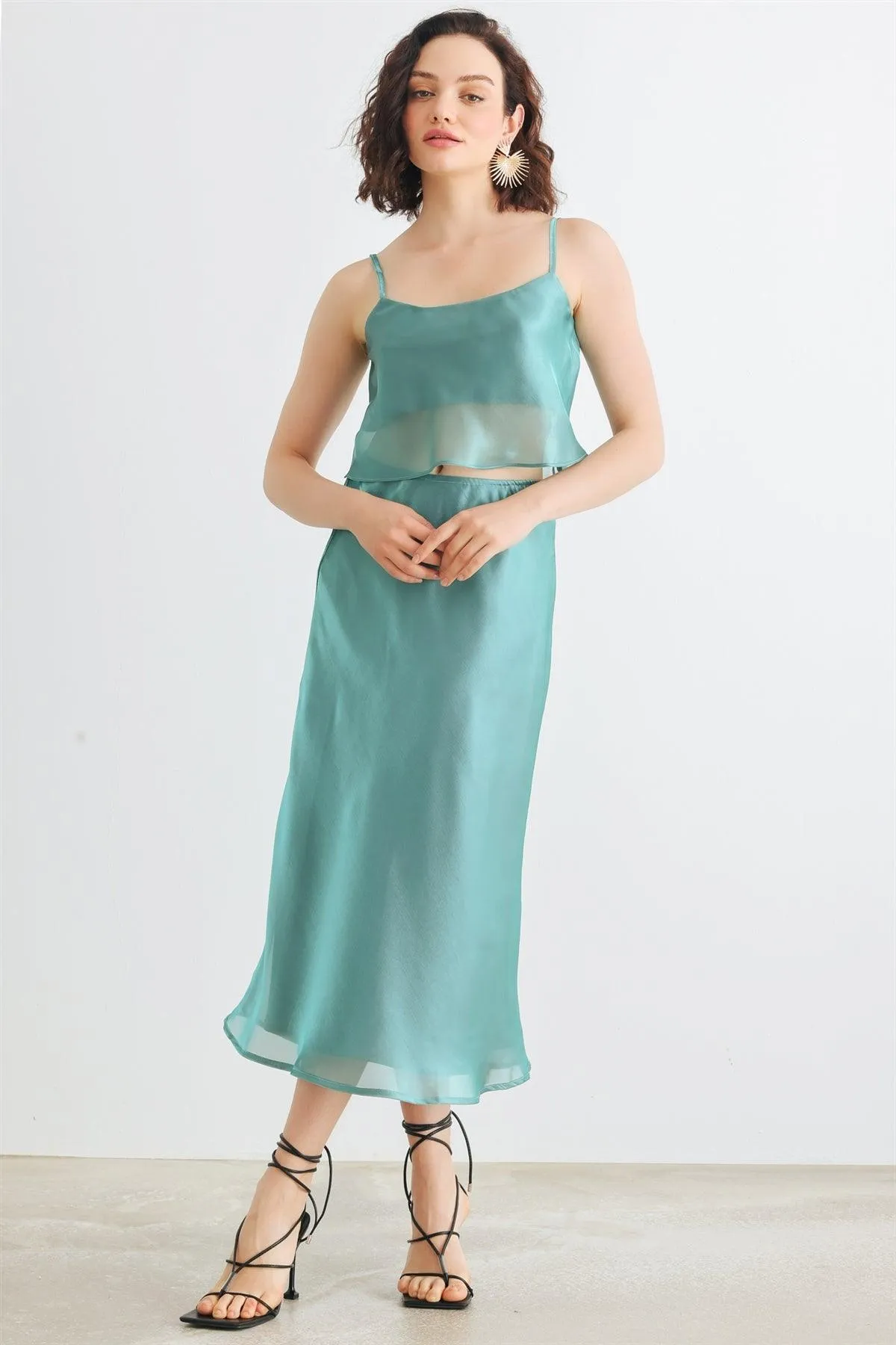 Green Satin Sleeveless Crop Top & High Waist Midi Skirt Set