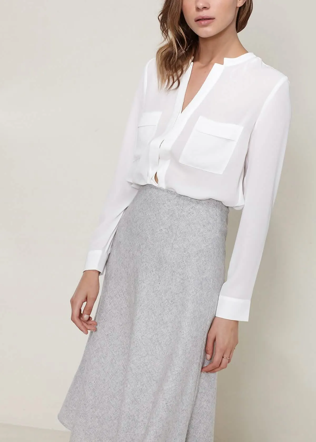 Heather Grey Women's High-Waisted Midi A-Line Skirt in Premium Wool Blend