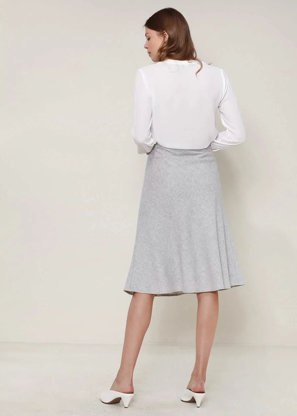 Heather Grey Women's High-Waisted Midi A-Line Skirt in Premium Wool Blend