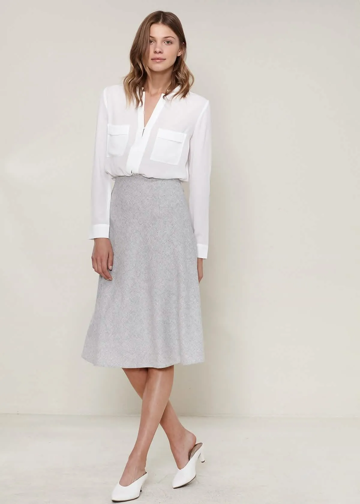 Heather Grey Women's High-Waisted Midi A-Line Skirt in Premium Wool Blend