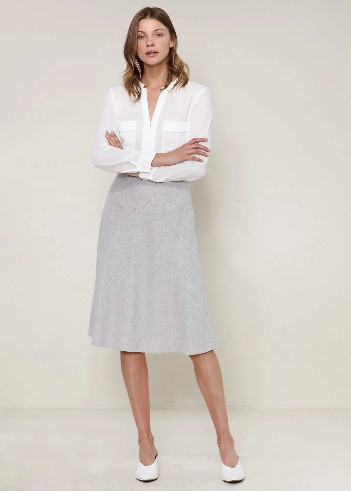 Heather Grey Women's High-Waisted Midi A-Line Skirt in Premium Wool Blend