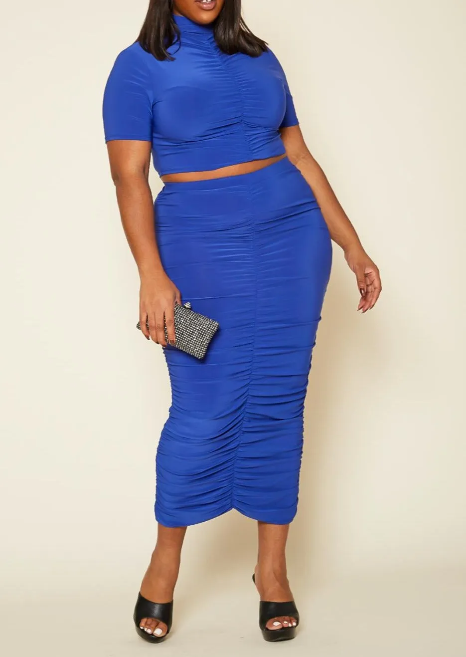 HI Curvy Plus Size Women Ruched Mock Neck Top & Maxi Skirt Sets