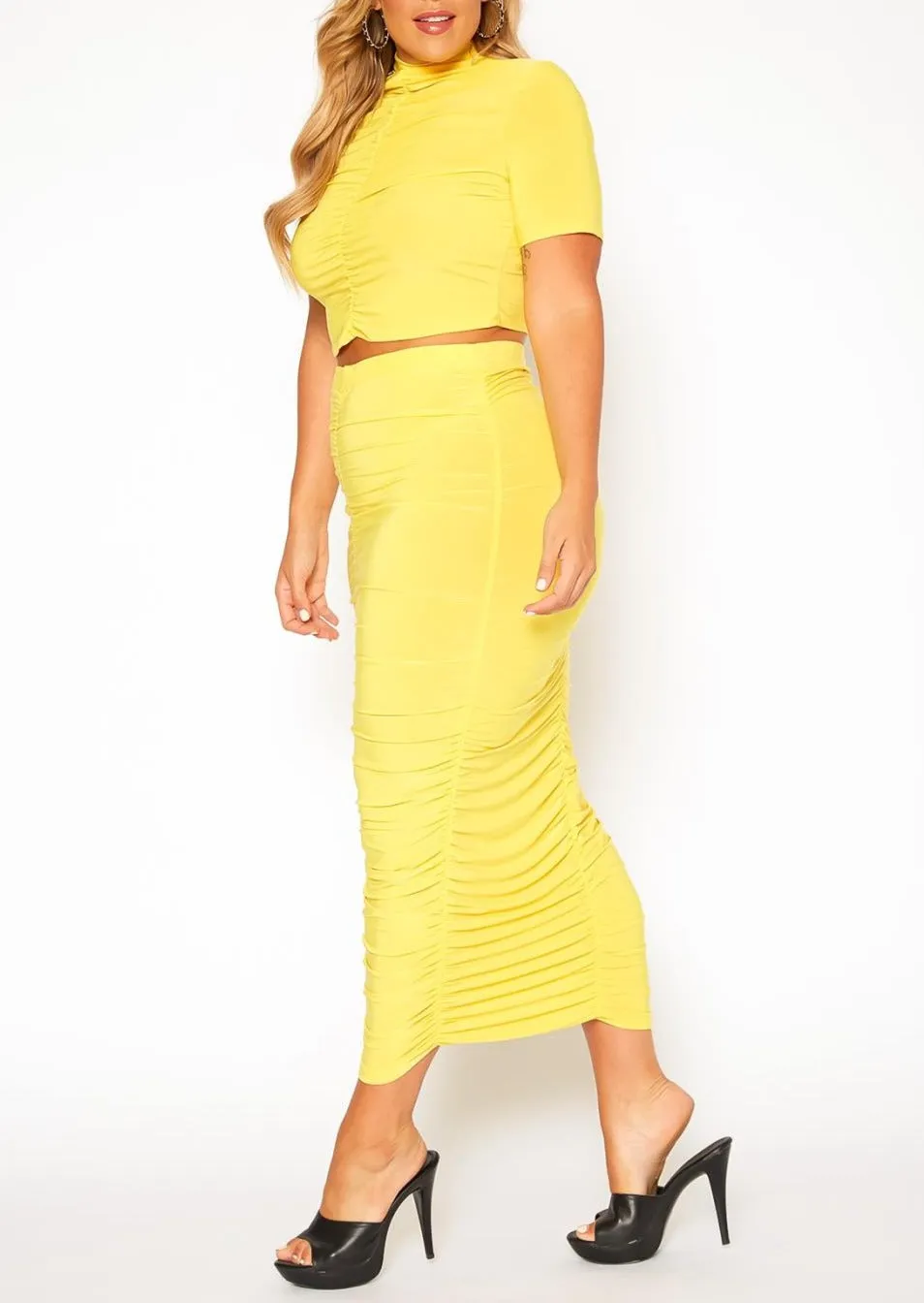 HI Curvy Plus Size Women Ruched Mock Neck Top & Maxi Skirt Sets