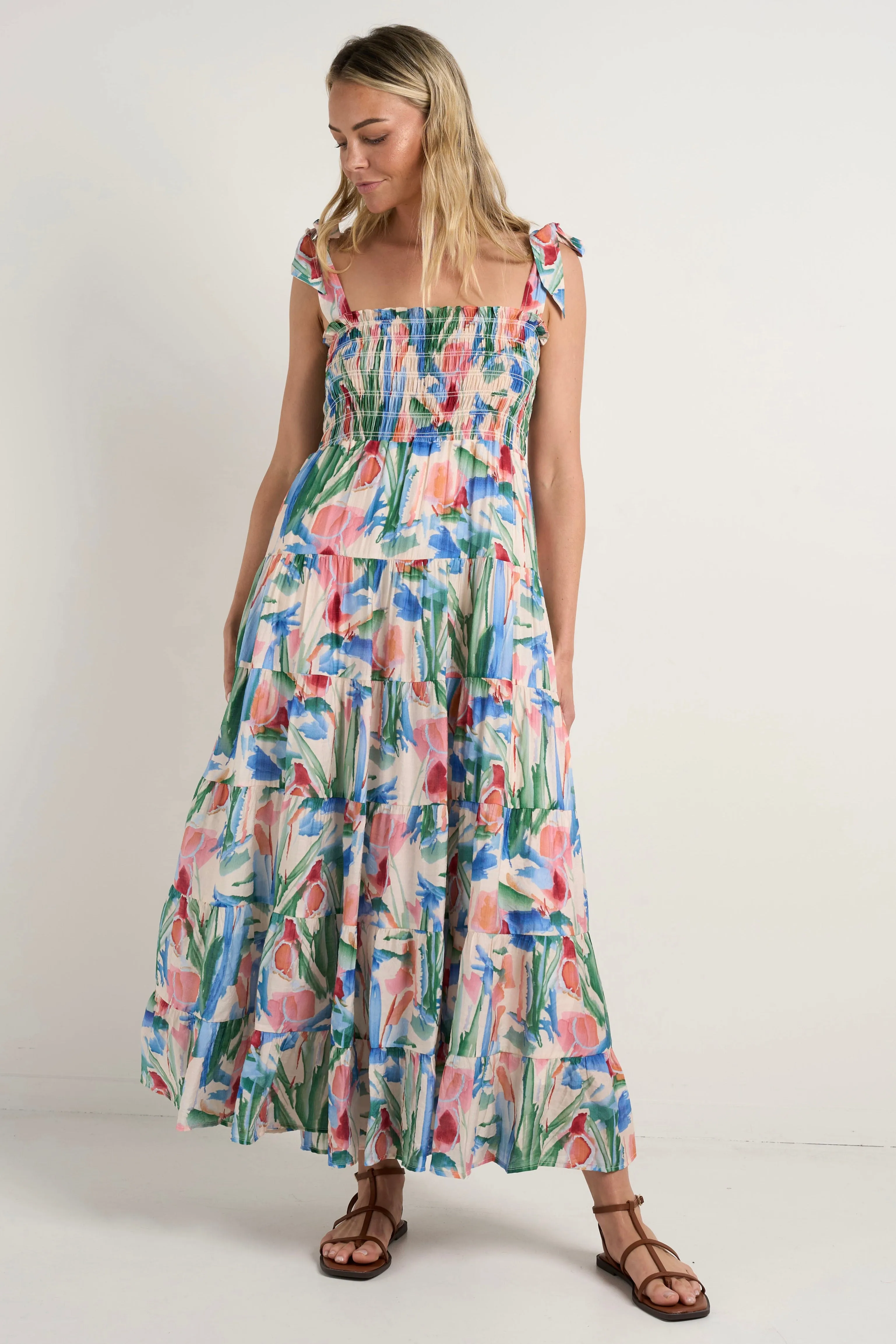 Isabella Watercolour Strappy Tiered Maxi Dress