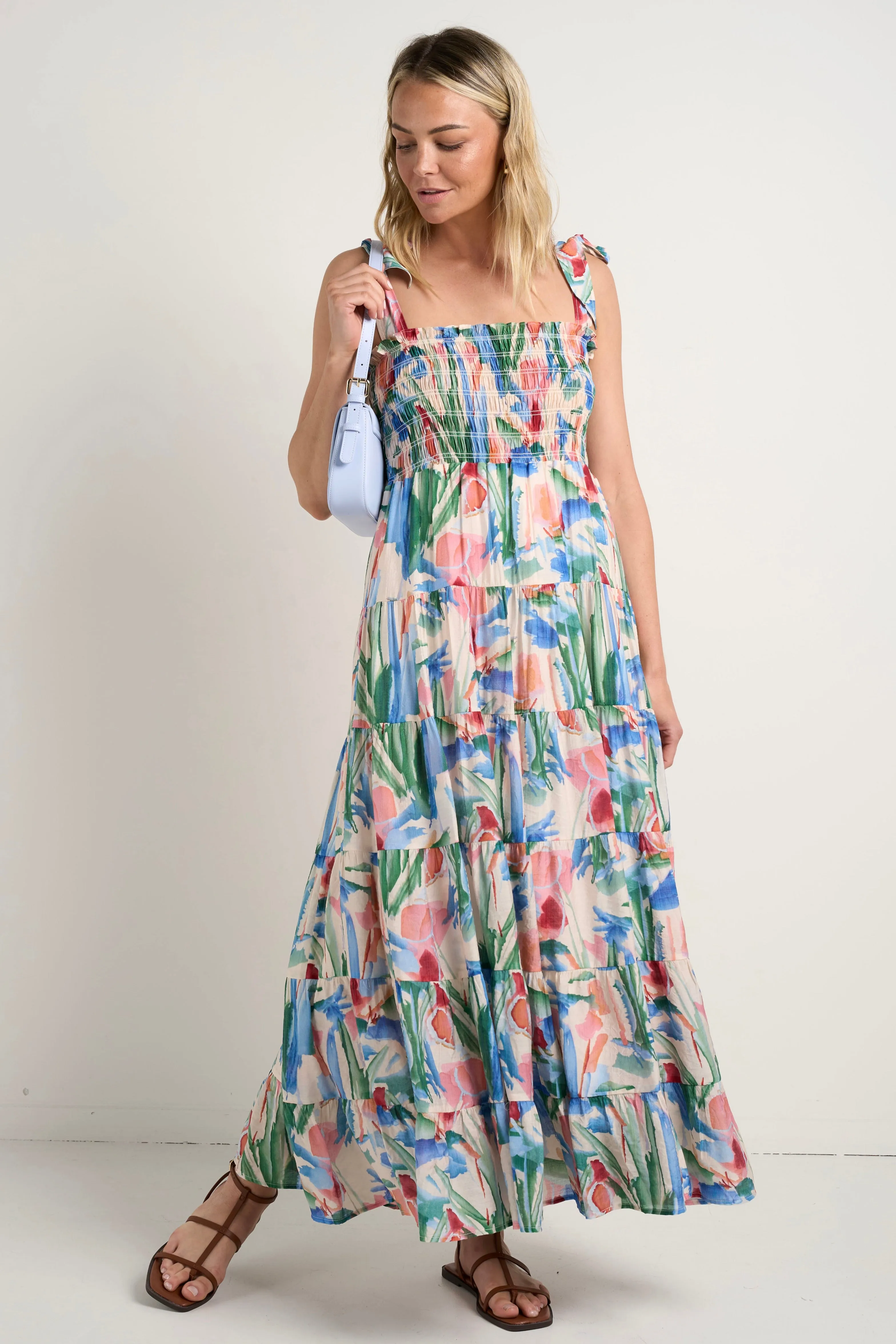 Isabella Watercolour Strappy Tiered Maxi Dress