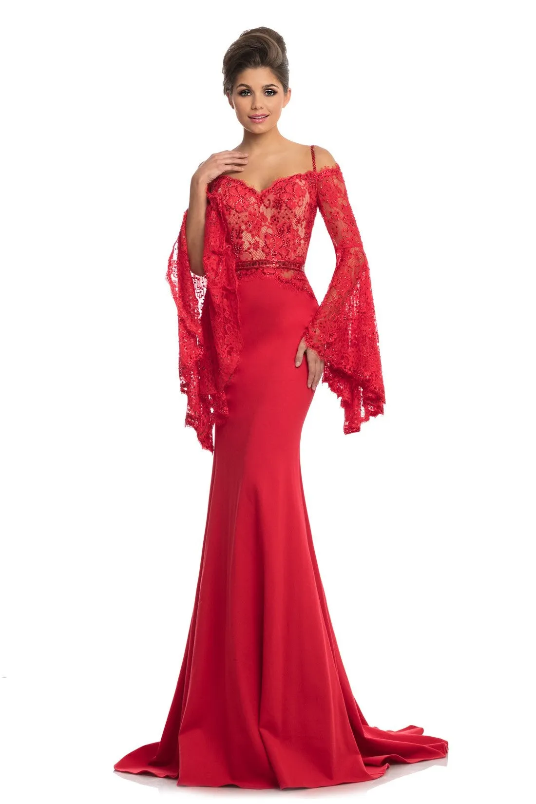 Johnathan Kayne 7244 Size 2 Pink Lace Bell Sleeve Off Shoulder Prom Dress Pageant Gown Embellished