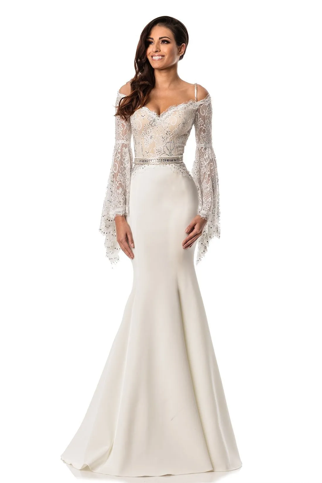 Johnathan Kayne 7244 Size 2 Pink Lace Bell Sleeve Off Shoulder Prom Dress Pageant Gown Embellished